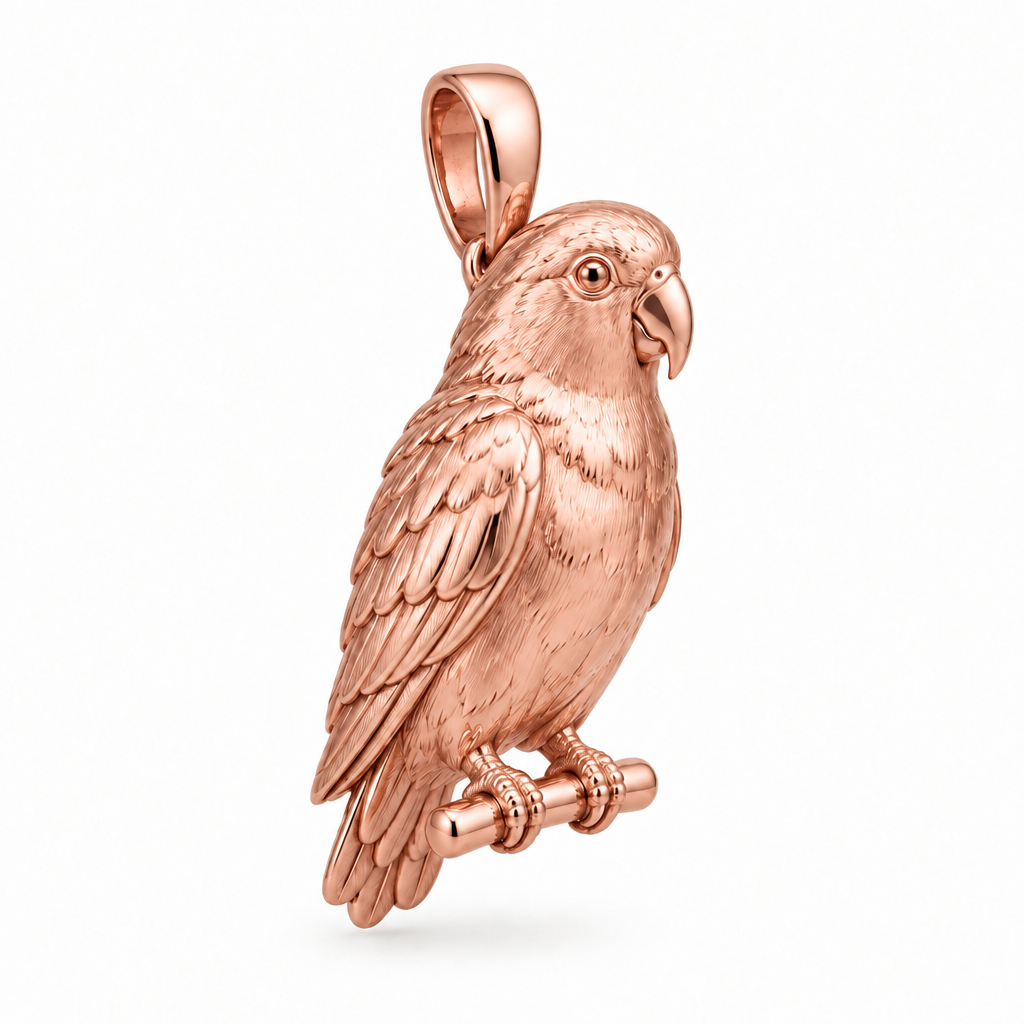 Peach-faced lovebird species pendant design render in high-polish rose gold on white; pendant only.