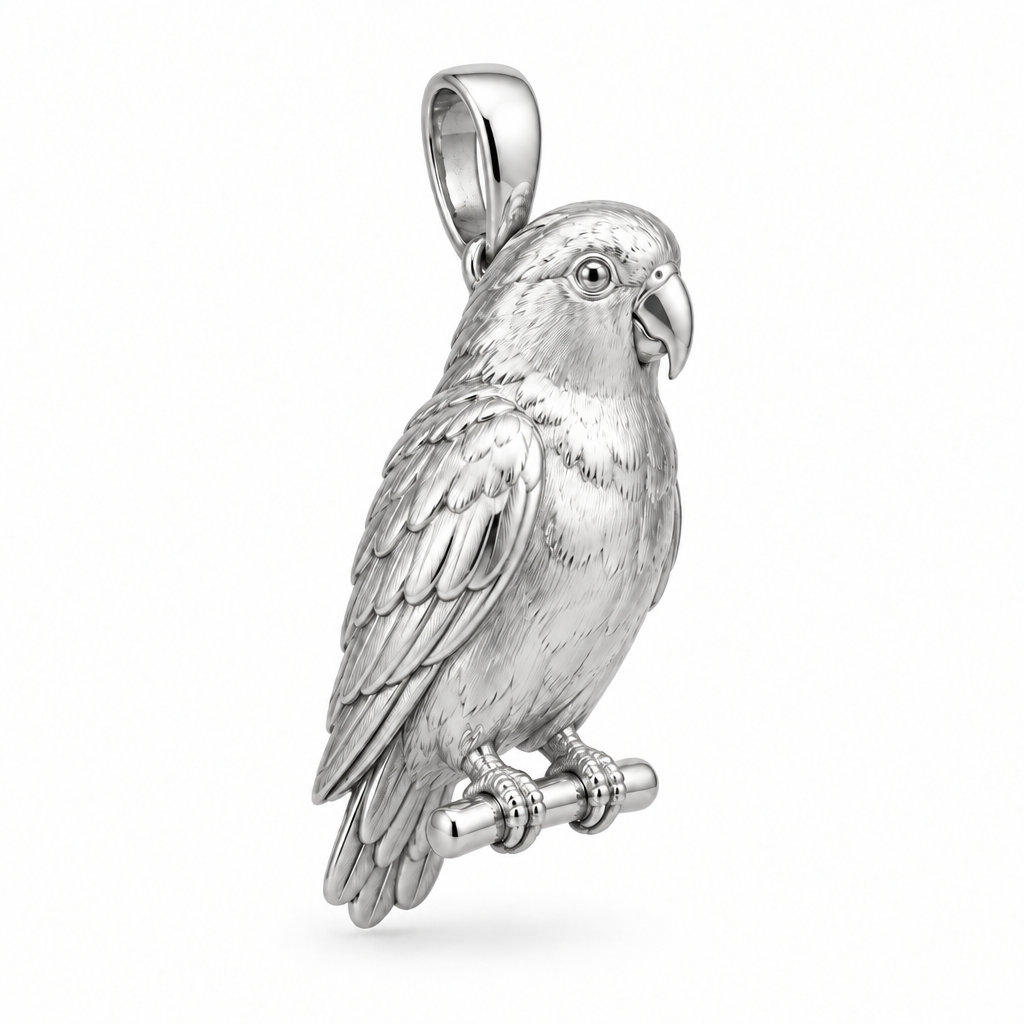 Peach-faced lovebird species pendant design render in high-polish white gold on white; pendant only.