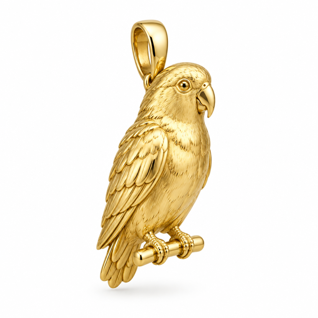 Peach-faced lovebird species pendant design render in high-polish yellow gold on white; pendant only.