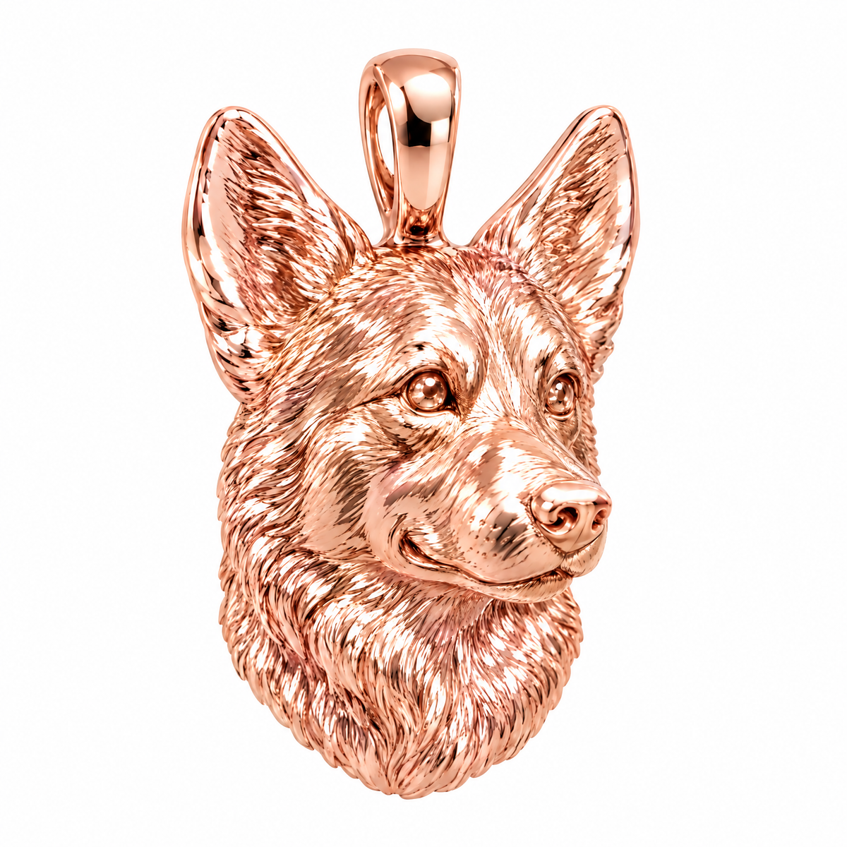 Pembroke Welsh Corgi high-polish rose gold dog pendant, product render on white.