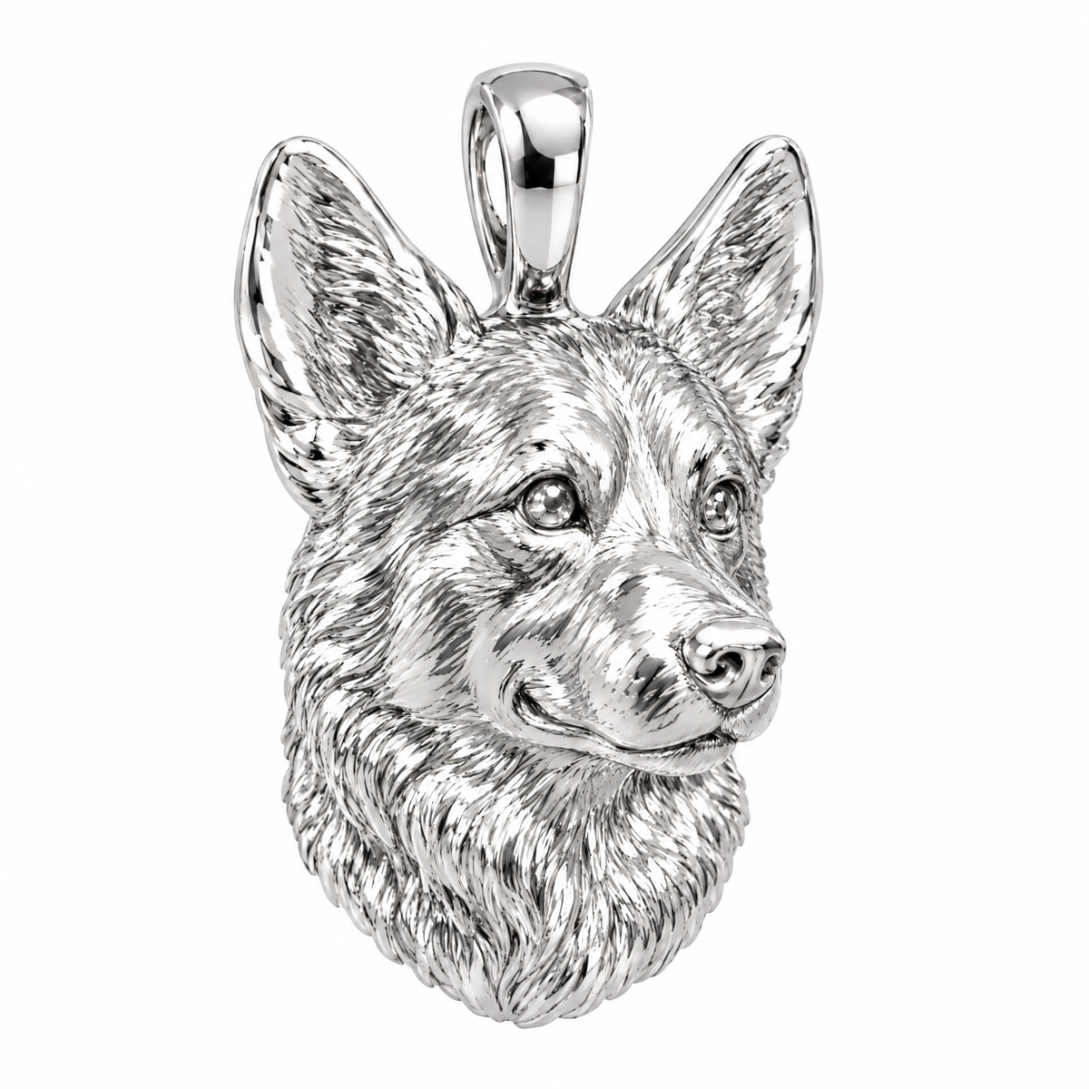 Pembroke Welsh Corgi high-polish white gold dog pendant, product render on white.