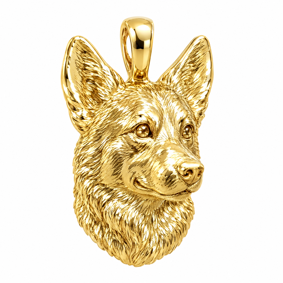 Pembroke Welsh Corgi high-polish yellow gold dog pendant, product render on white.