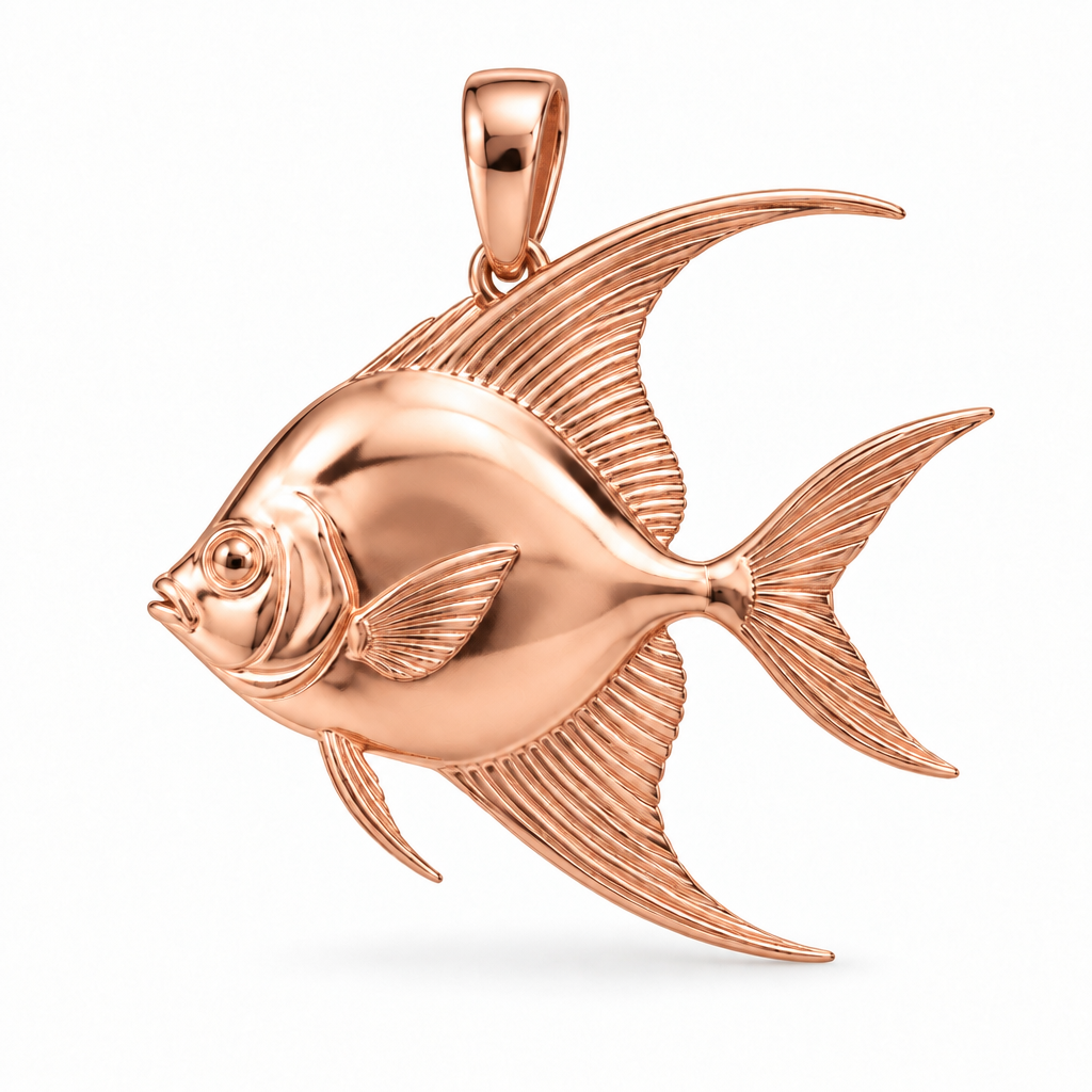 Permit fish pendant design render in high-polish rose gold on white; pendant only.