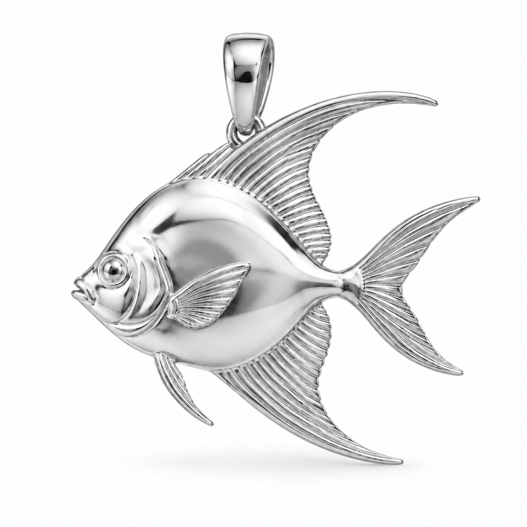 Permit fish pendant design render in high-polish white gold on white; pendant only.