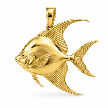 Permit fish pendant design render in high-polish yellow gold on white; pendant only.