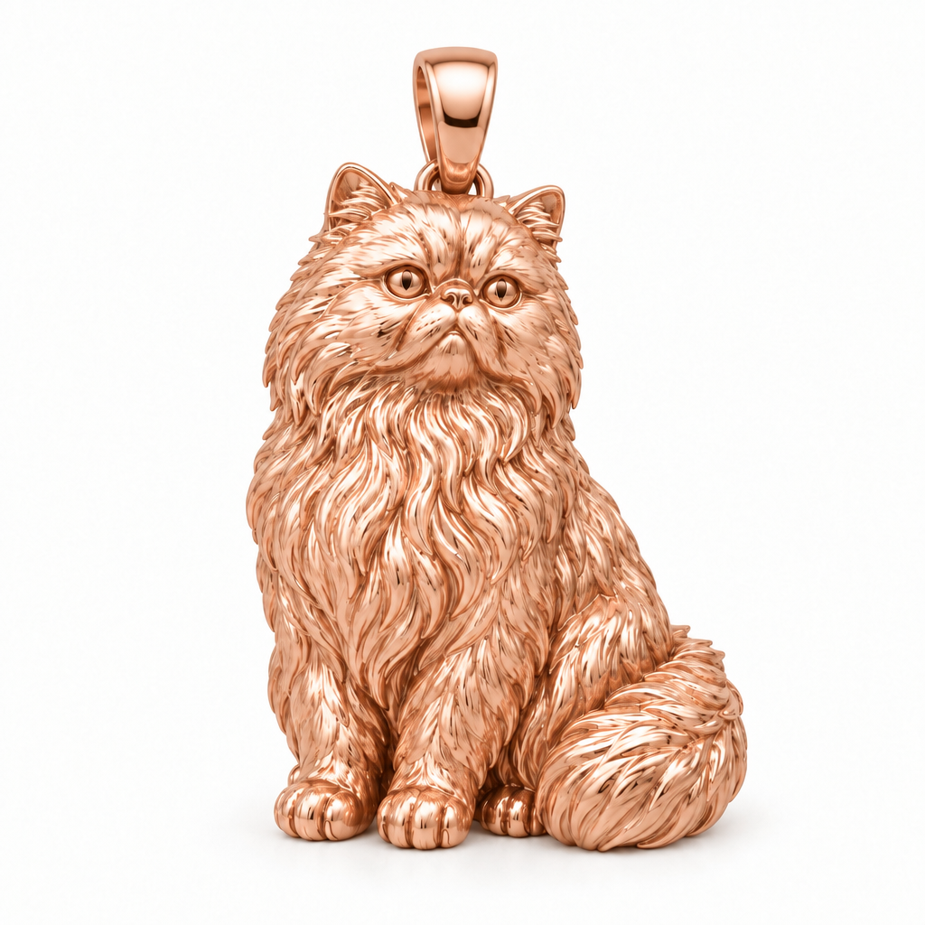 Persian cat pendant design render in high-polish rose gold on white; pendant only.