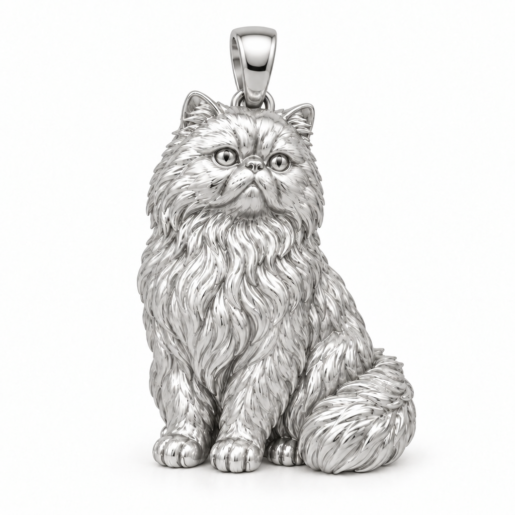 Persian cat pendant design render in high-polish white gold on white; pendant only.