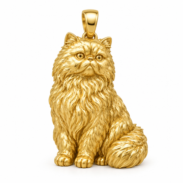 Persian cat pendant design render in high-polish yellow gold on white; pendant only.