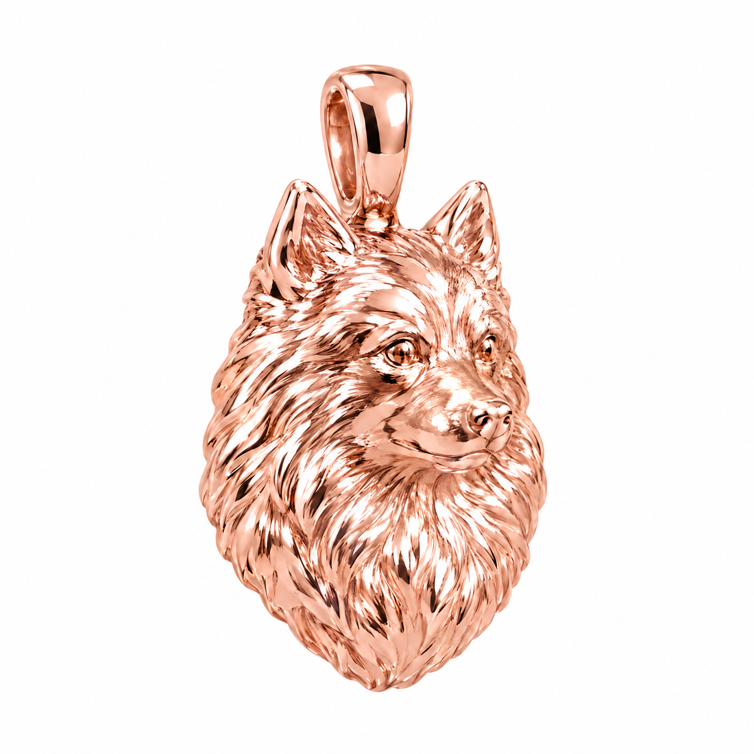 Pomeranian high-polish rose gold dog pendant, product render on white.