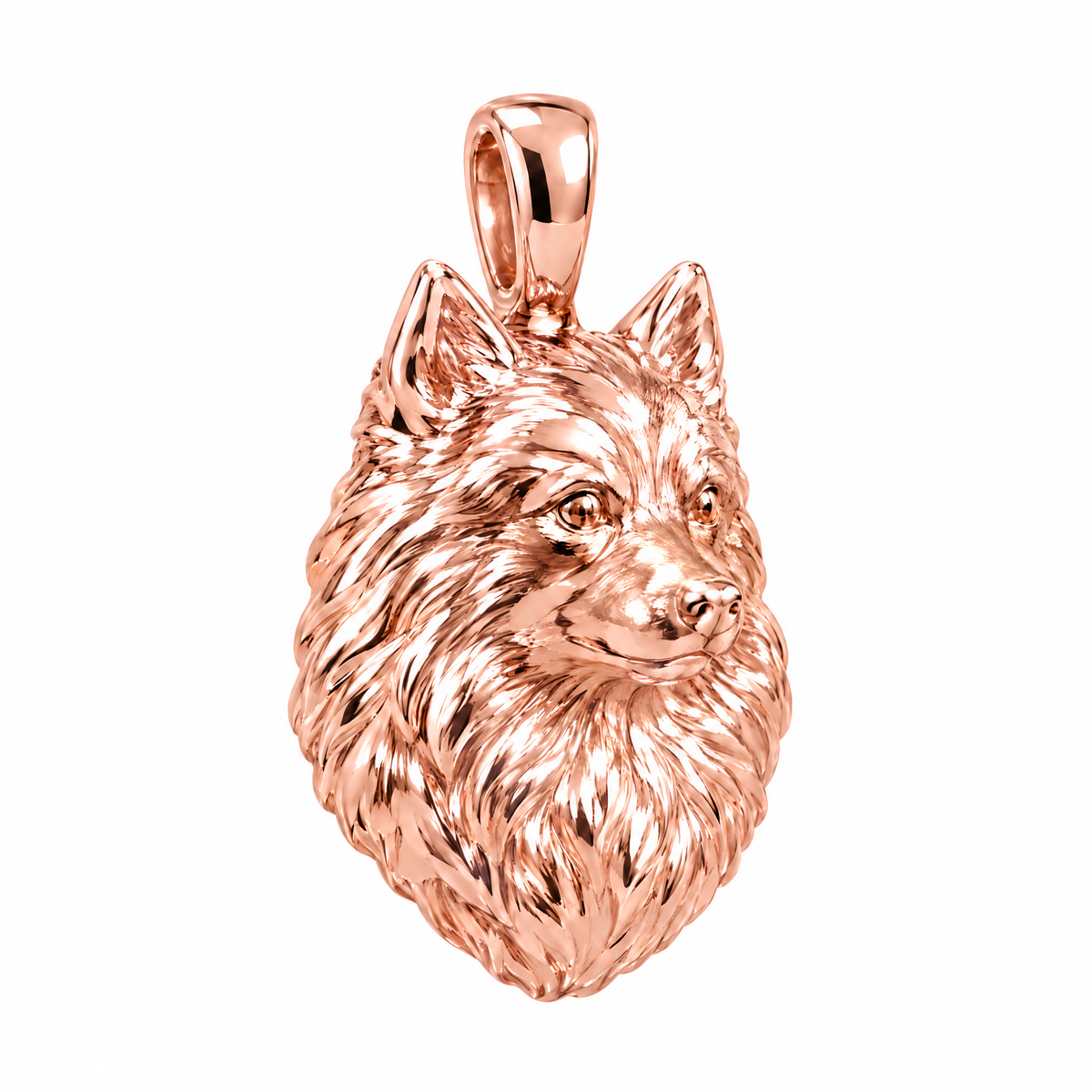 Pomeranian high-polish rose gold dog pendant, product render on white.