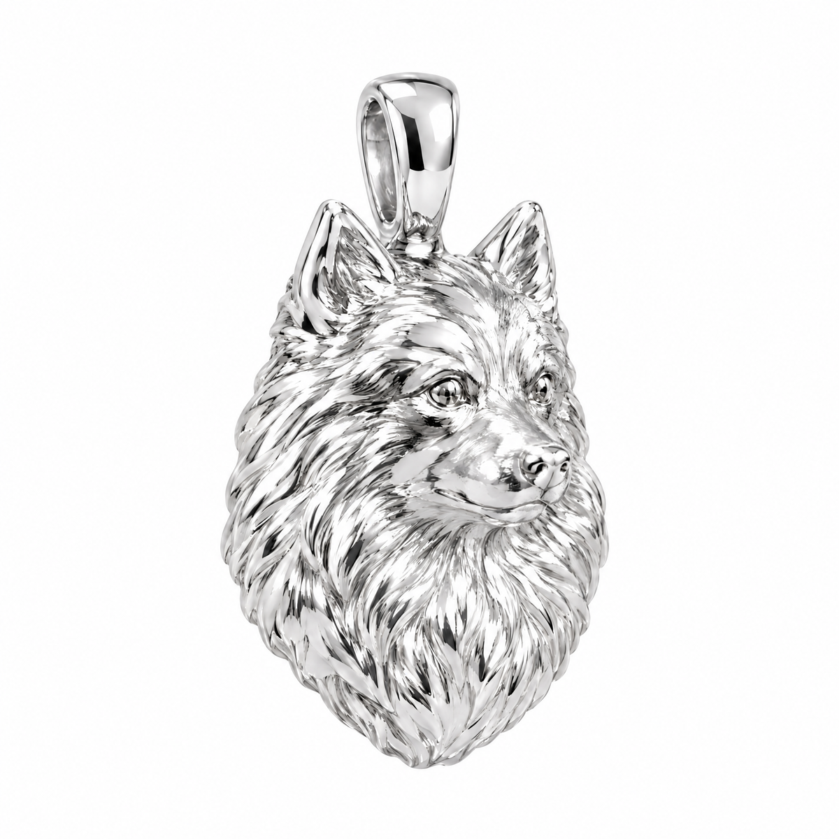 Pomeranian high-polish white gold dog pendant, product render on white.