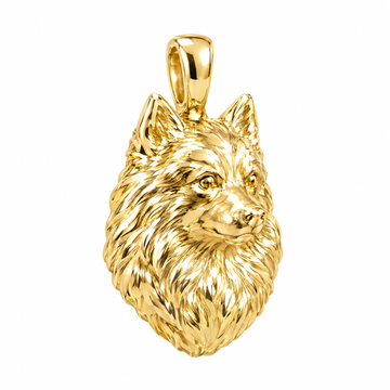 Pomeranian high-polish yellow gold dog pendant, product render on white.