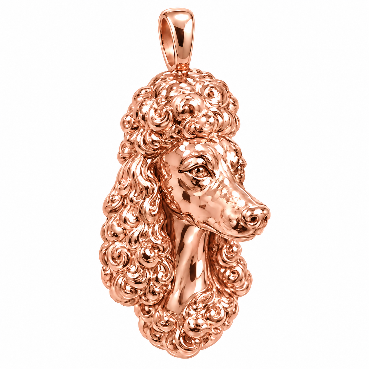 Poodle high-polish rose gold dog pendant, product render on white.