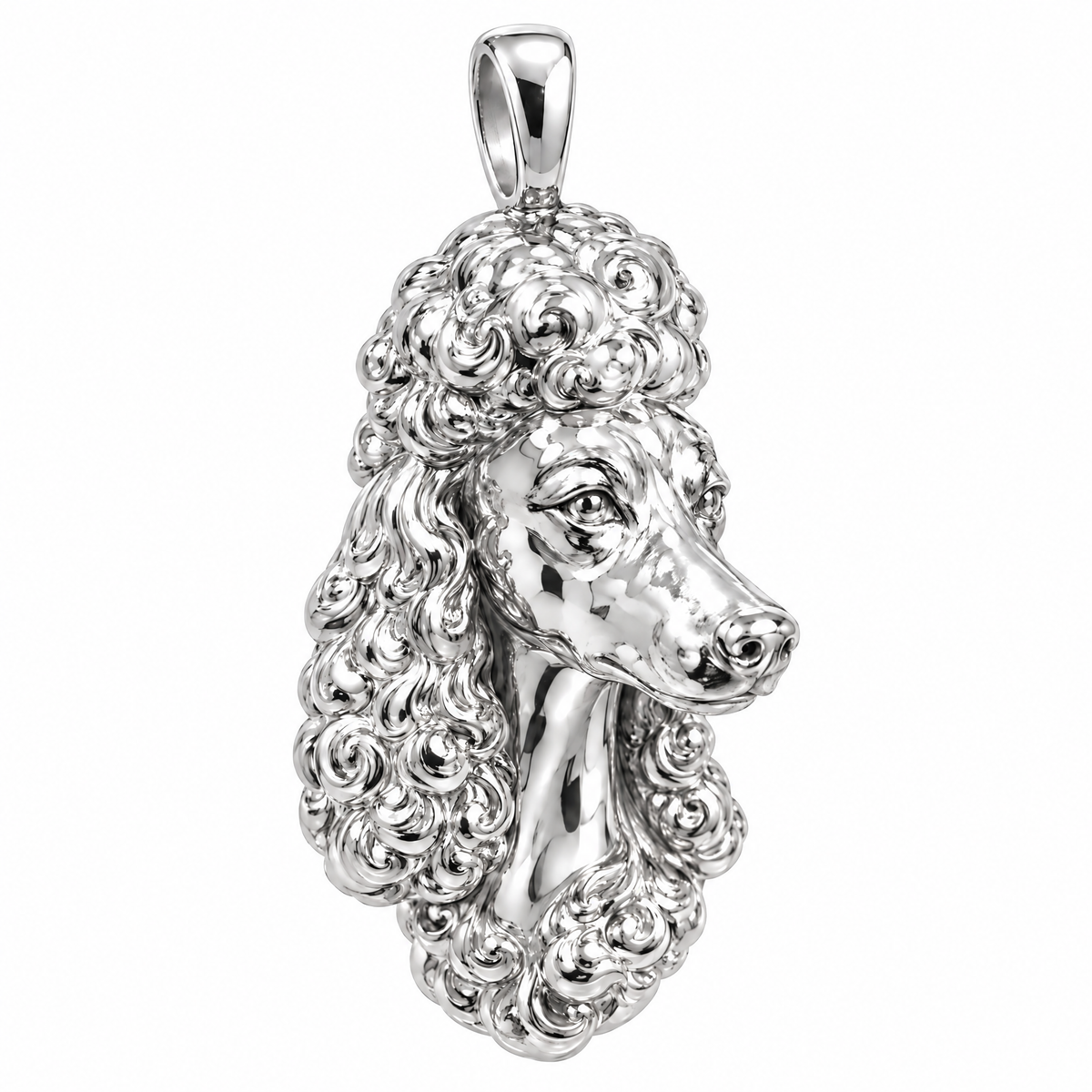 Poodle high-polish white gold dog pendant, product render on white.
