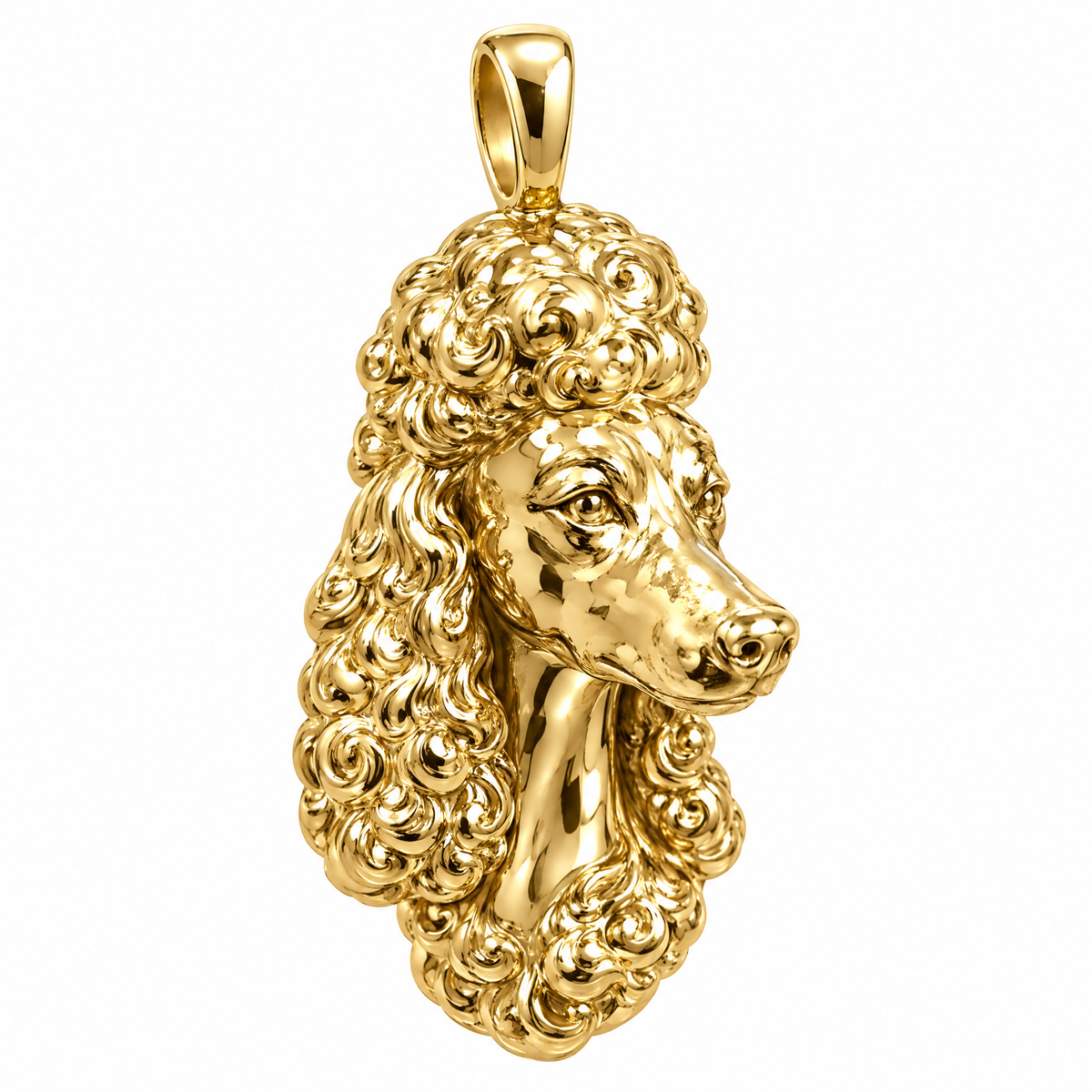 Poodle high-polish yellow gold dog pendant, product render on white.