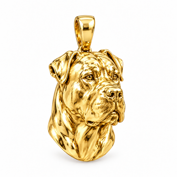 Presa Canario high-polish yellow gold dog pendant, design render on white; pendant only.