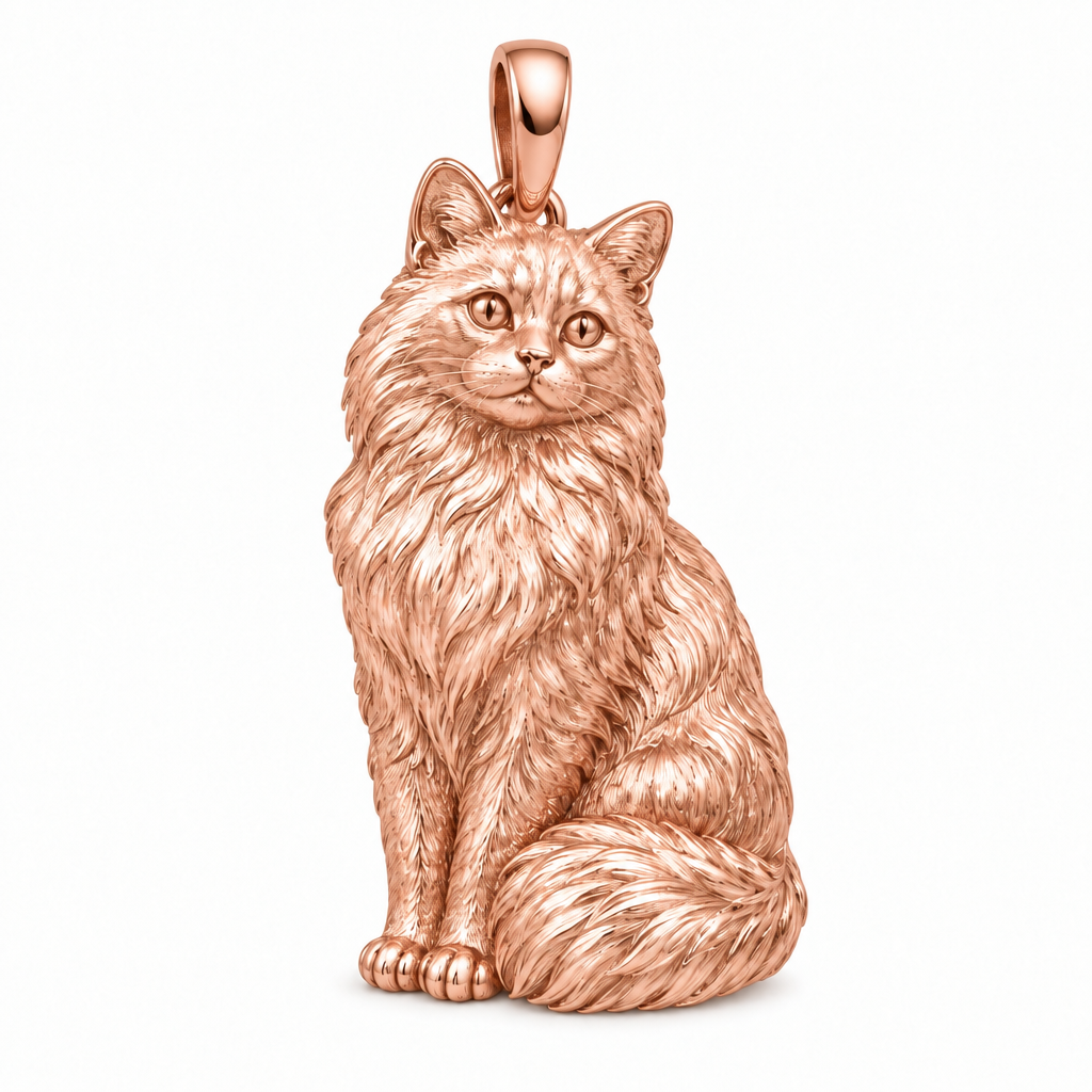 Ragdoll cat pendant design render in high-polish rose gold on white; pendant only.