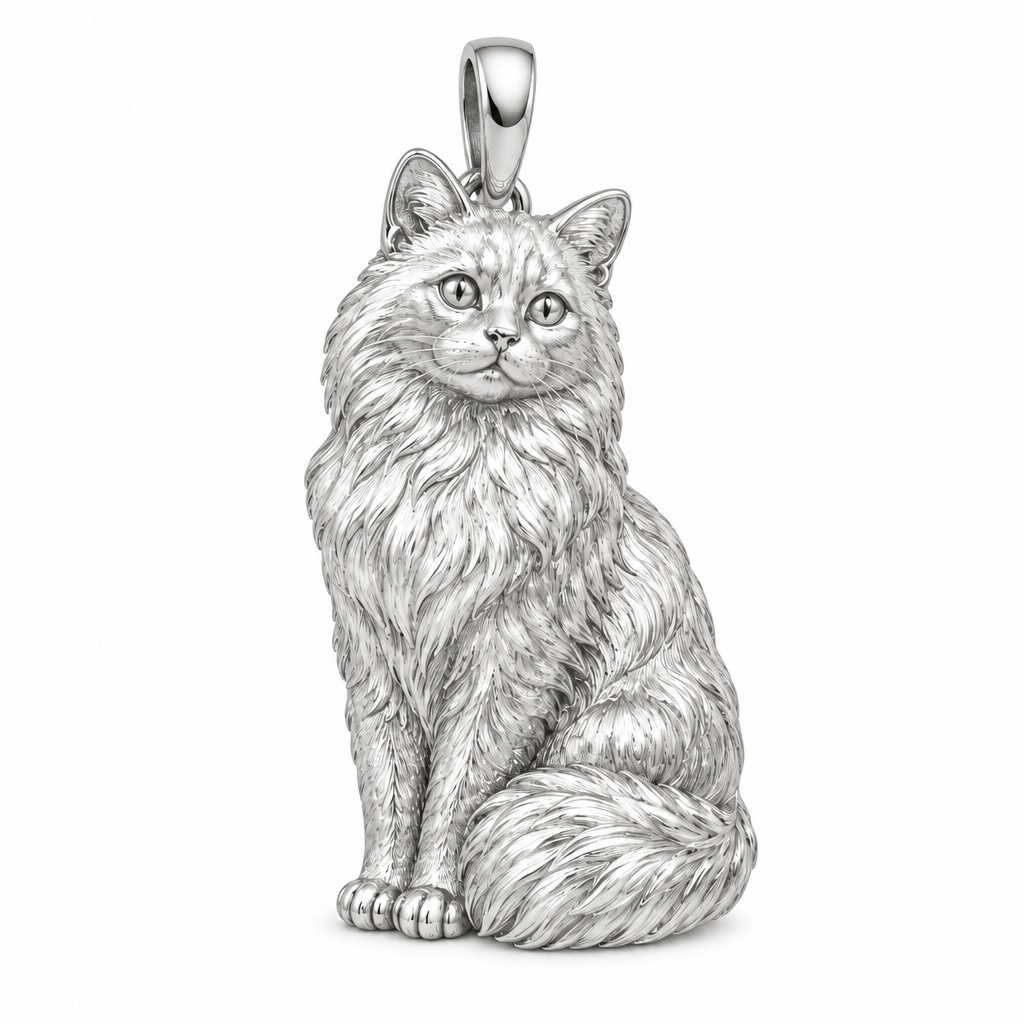 Ragdoll cat pendant design render in high-polish white gold on white; pendant only.
