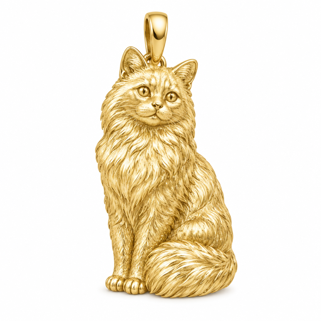 Ragdoll cat pendant design render in polished yellow gold; pendant only.