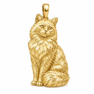 Ragdoll cat pendant design render in polished yellow gold; pendant only.