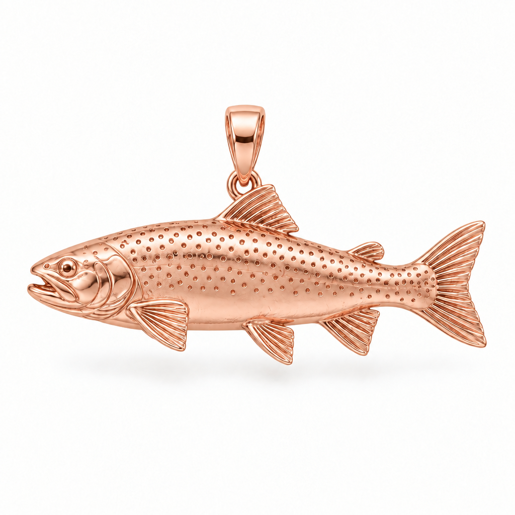 Rainbow trout pendant design render in high-polish rose gold on white; pendant only.