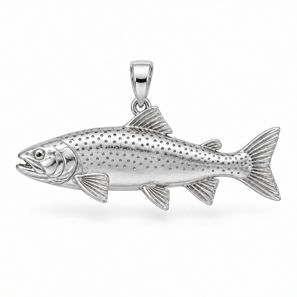 Rainbow trout pendant design render in high-polish white gold on white; pendant only.