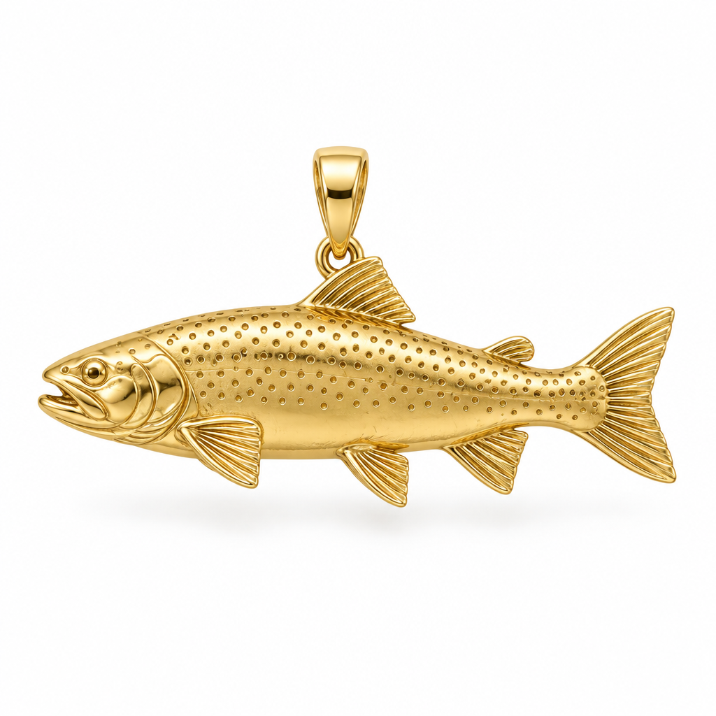 Rainbow trout pendant design render in high-polish yellow gold on white; pendant only.