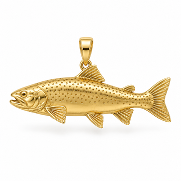 Rainbow trout pendant design render in high-polish yellow gold on white; pendant only.