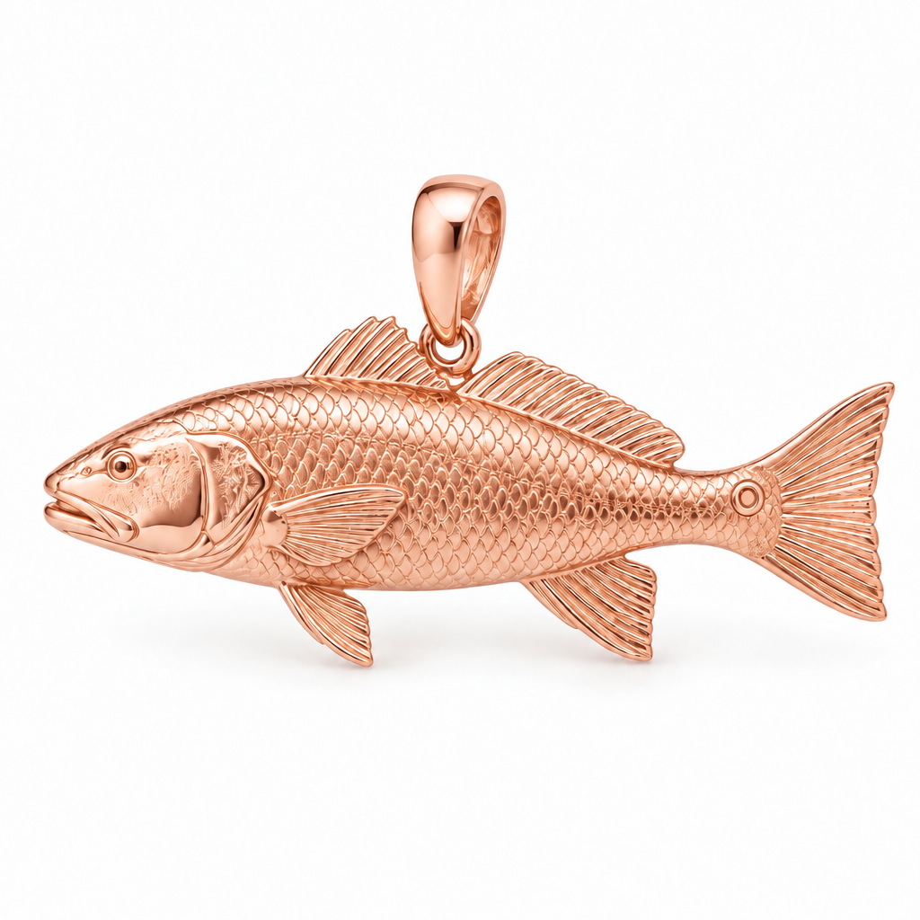 Redfish red drum pendant design render in high-polish rose gold on white; pendant only.