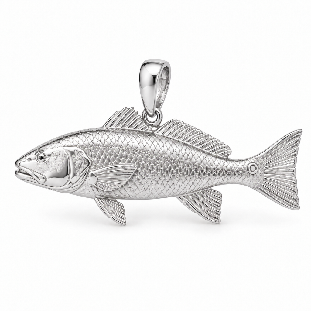 Redfish red drum pendant design render in high-polish white gold on white; pendant only.