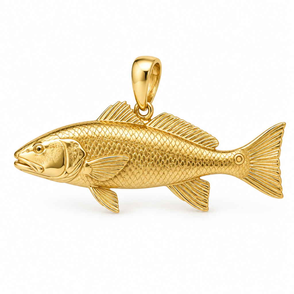 Redfish red drum pendant design render in polished yellow gold; pendant only.