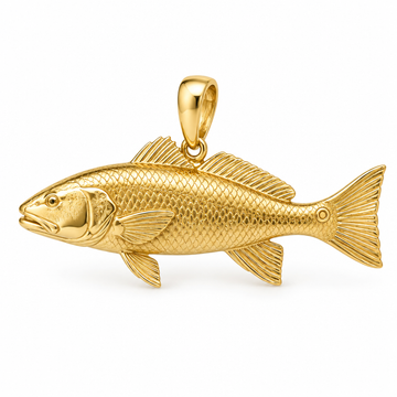 Redfish red drum pendant design render in polished yellow gold; pendant only.