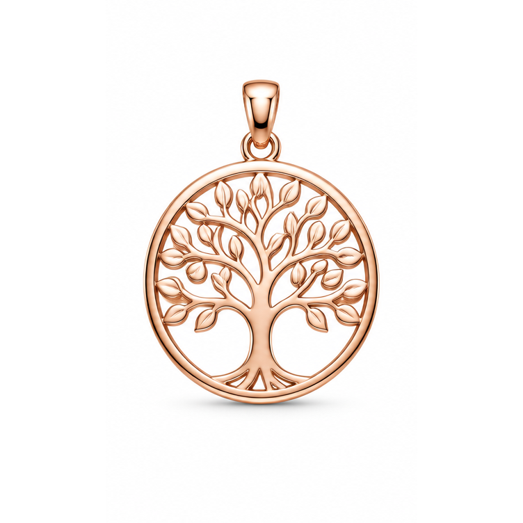 Rooted in Love cutout tree-of-life memorial pendant in rose gold; illustrative render, pendant only.