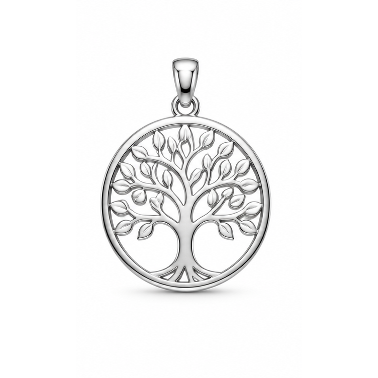 Rooted in Love cutout tree-of-life memorial pendant in white gold; illustrative render, pendant only.