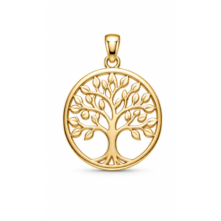 Rooted in Love cutout tree-of-life memorial pendant in yellow gold; illustrative render, pendant only.