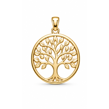 Rooted in Love cutout tree-of-life memorial pendant in yellow gold; illustrative render, pendant only.