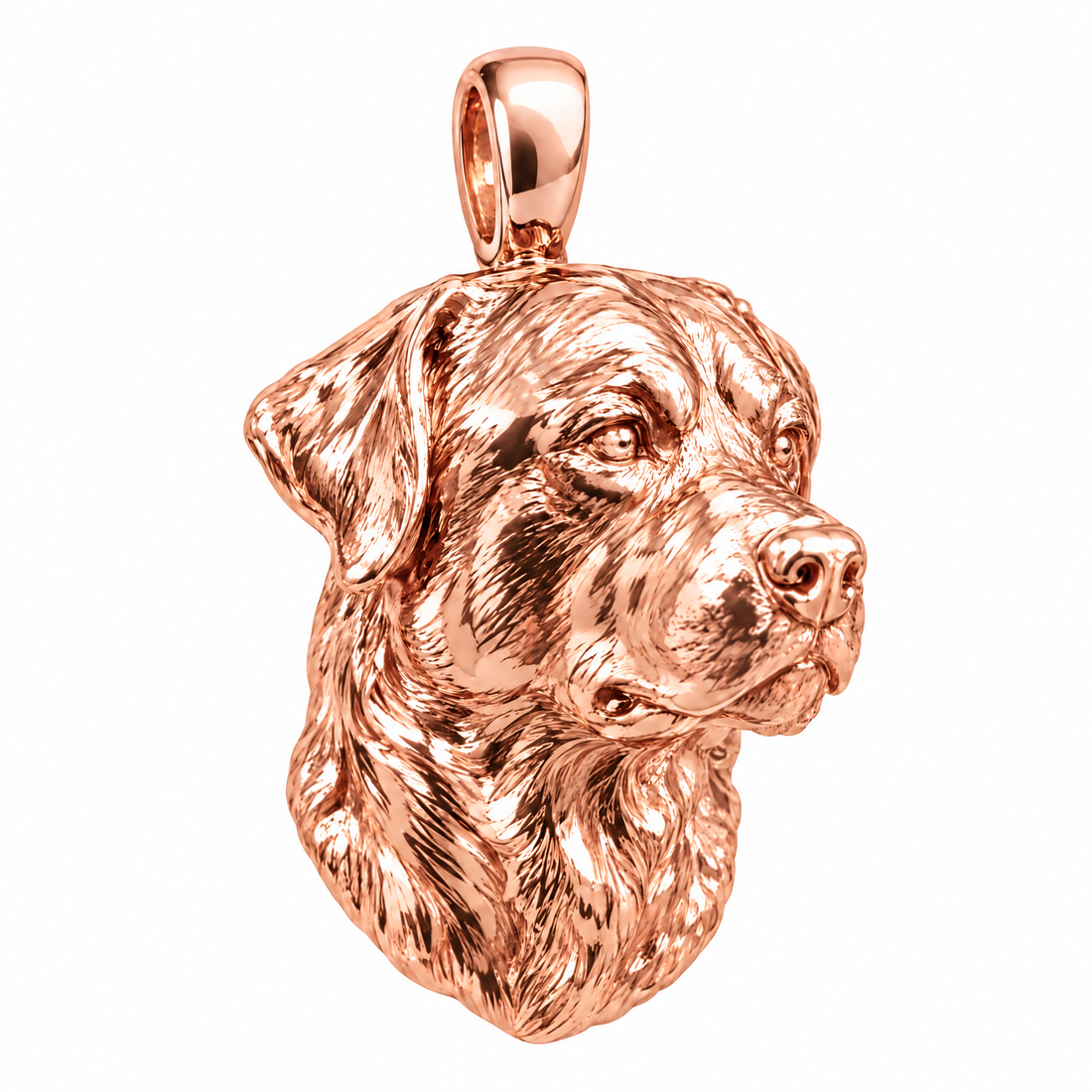 Rottweiler high-polish rose gold dog pendant, product render on white.