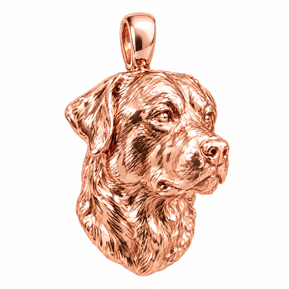 Rottweiler high-polish rose gold dog pendant, product render on white.