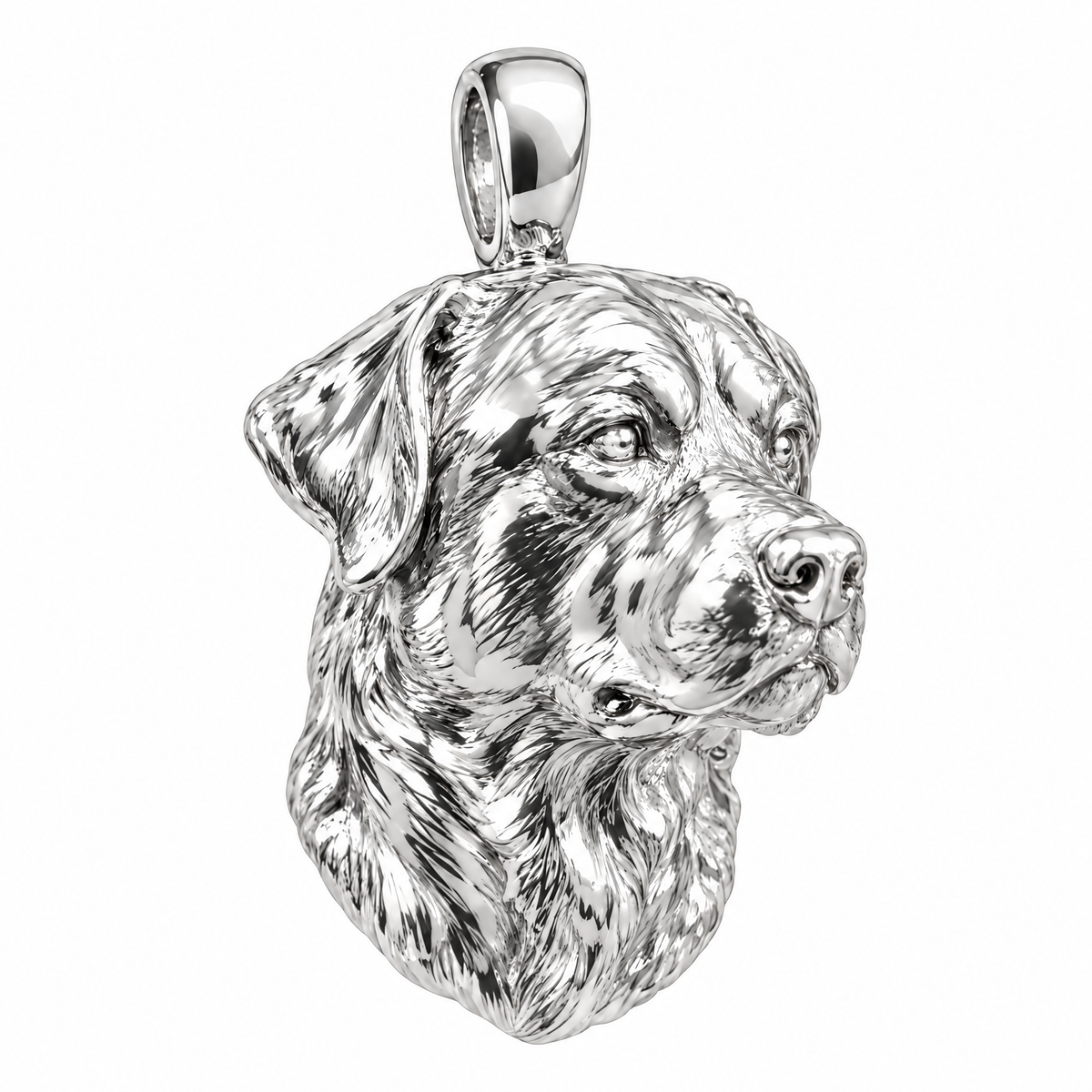 Rottweiler high-polish white gold dog pendant, product render on white.