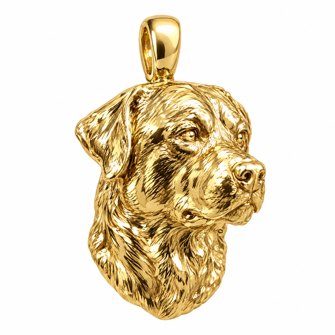 Rottweiler high-polish yellow gold dog pendant, product render on white.