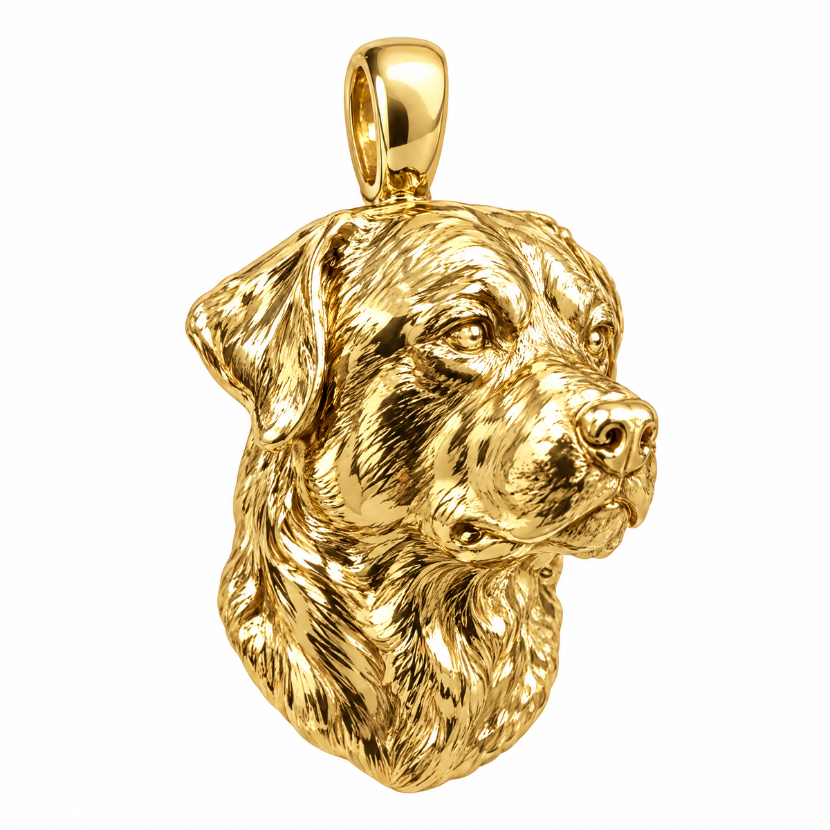 Rottweiler high-polish yellow gold dog pendant, product render on white.