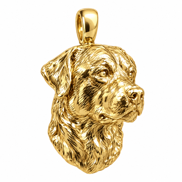 Rottweiler high-polish yellow gold dog pendant, product render on white.