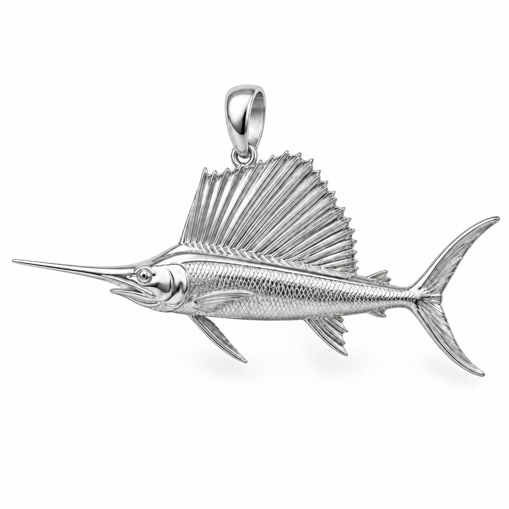 Sailfish pendant design render in high-polish white gold on white; pendant only.