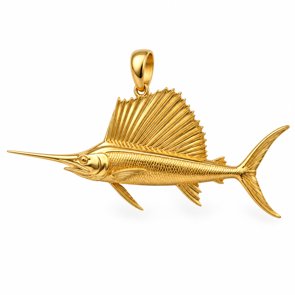 Sailfish pendant design render in polished yellow gold; pendant only.