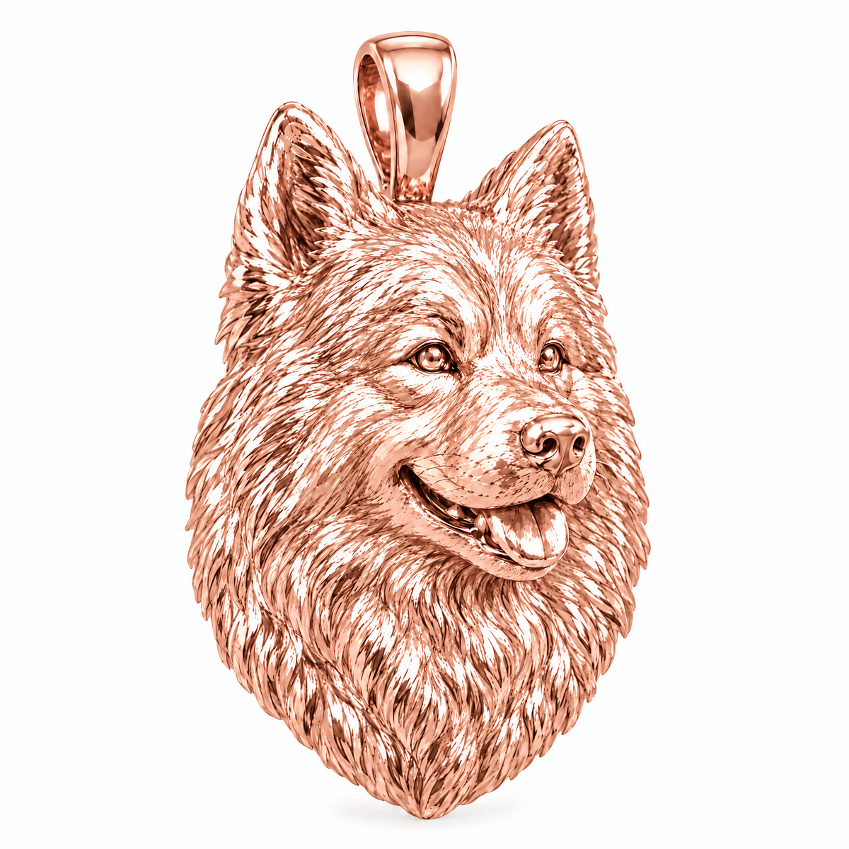 Samoyed high-polish rose gold dog pendant, design render on white