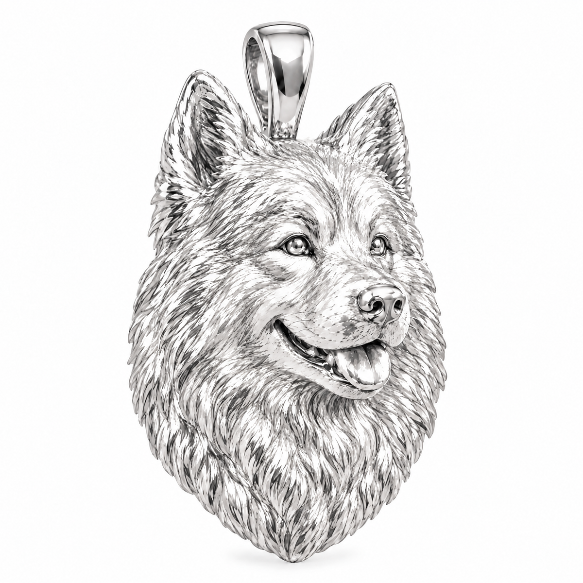 Samoyed high-polish white gold dog pendant, design render on white