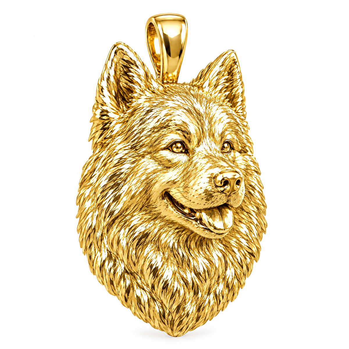 Samoyed high-polish yellow gold dog pendant, design render on white