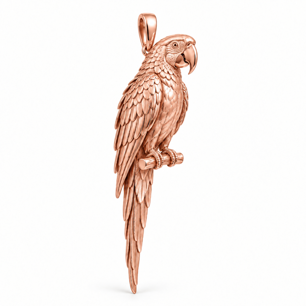 Scarlet macaw species pendant design render in high-polish rose gold on white; pendant only.