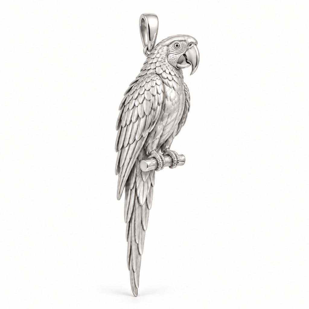 Scarlet macaw species pendant design render in high-polish white gold on white; pendant only.
