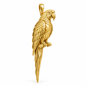 Scarlet macaw species pendant design render entirely in high-polish yellow gold on white; pendant only.